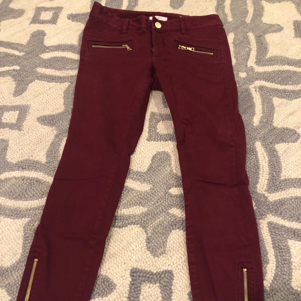 LOFT maroon pants with gold zippers